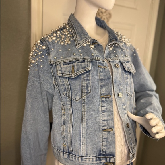 Personalized Pearl Studded Denim Jacket Size Large. - Picture 3 of 11